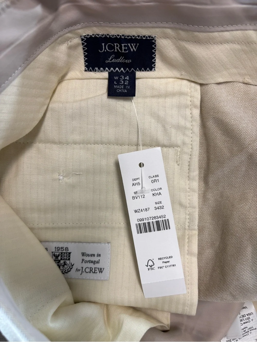 NWT J.Crew Men's 34/32 Khaki‎ Ludlow Slim-Fit Portuguese Cotton Oxford Suit Pant